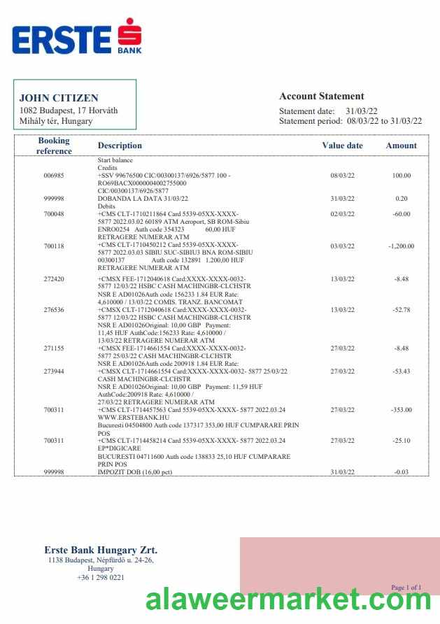 Hungary Erste bank statement
